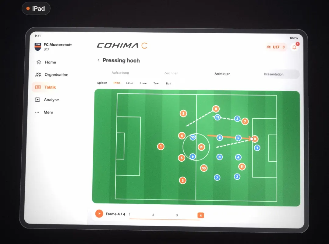 COHIMA auf dem iPad: Taktiktafel mit der Animation „Pressing hoch“
