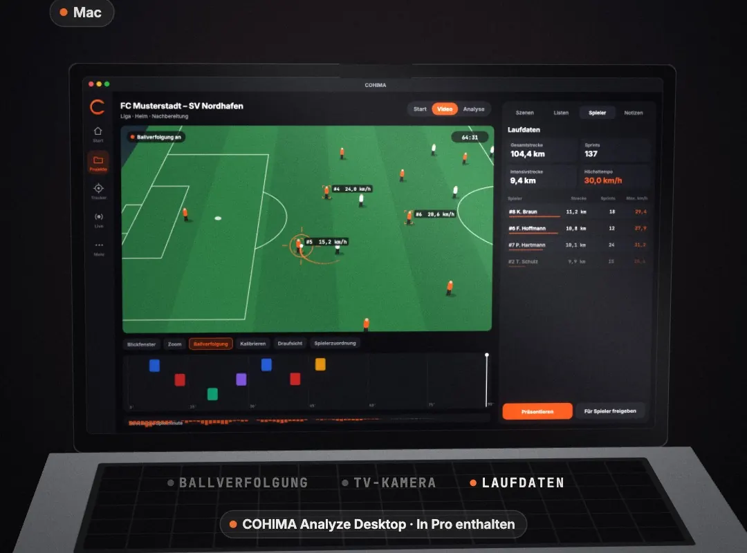 COHIMA Analyze Desktop am Mac: Spielvideo mit Ballverfolgung, Laufdaten und Szenenliste