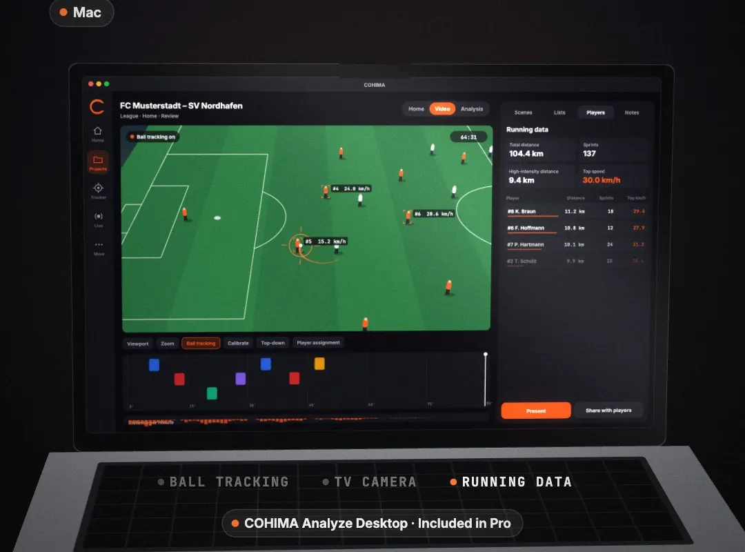 COHIMA Analyze Desktop on the Mac: match video with ball tracking, running data and scene list