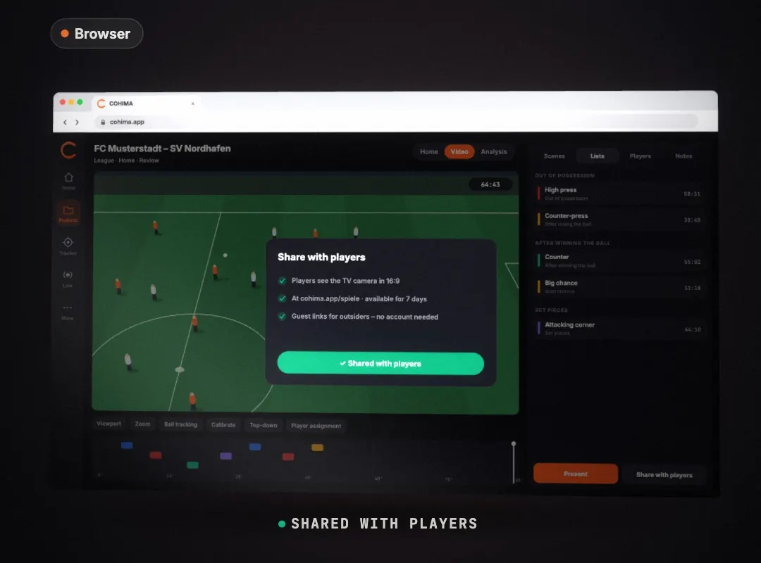 Analyze Web in the browser: “Share with players” dialog over the match video